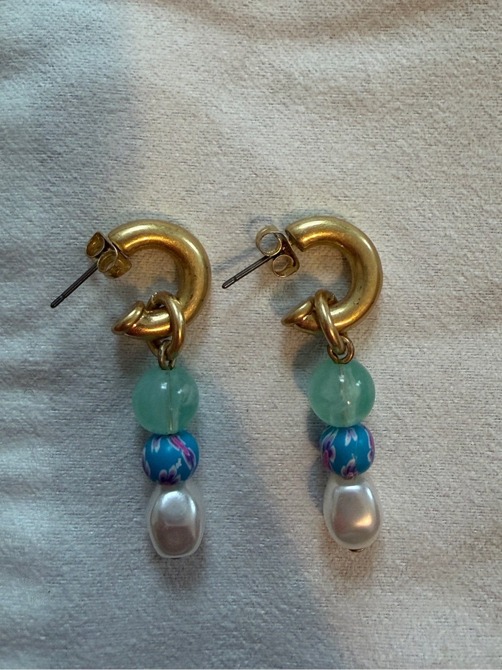 Anthropologie Gold Hoop Earrings with Aqua, Blue Floral and Pearl Drops